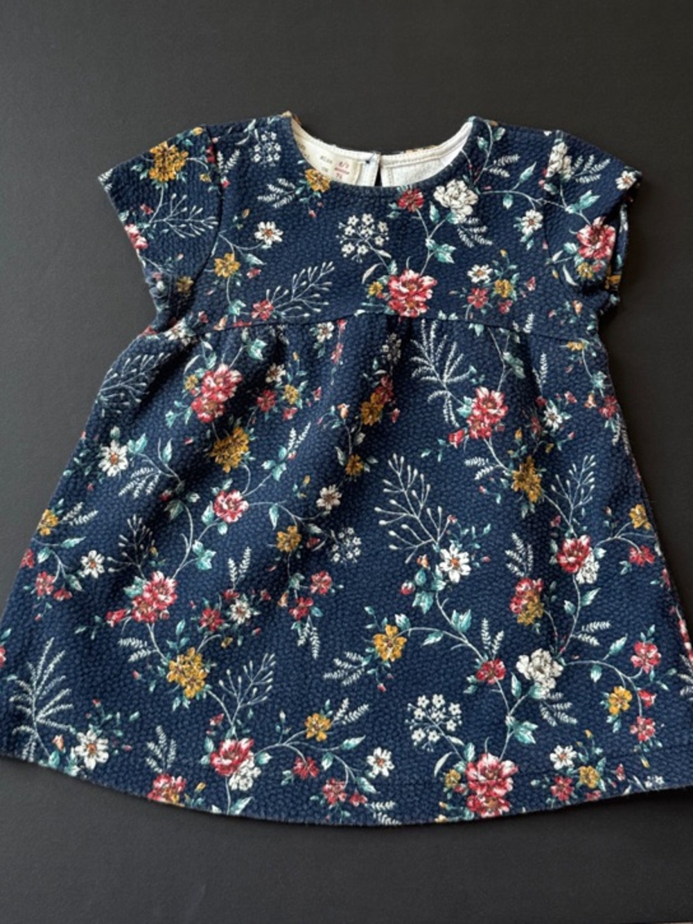 Zara Navy Floral Short-Sleeve Dress with Red, Yellow and White Blooms